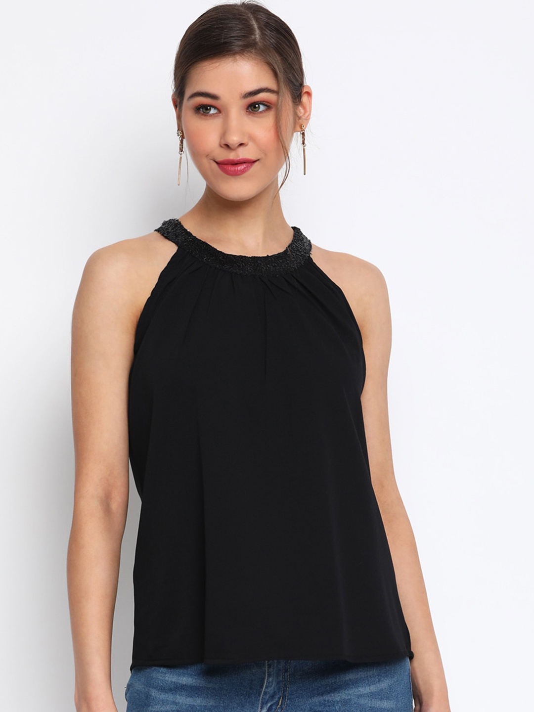 

Mayra Halter Neck Crepe Top, Black