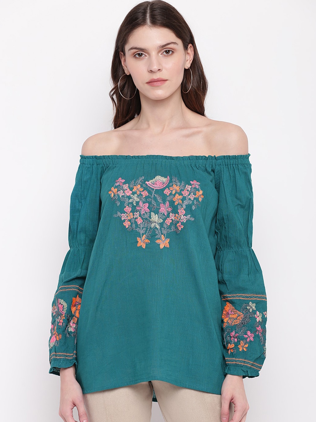 

Mayra Floral Print Off-Shoulder Pure Cotton Bardot Top, Green