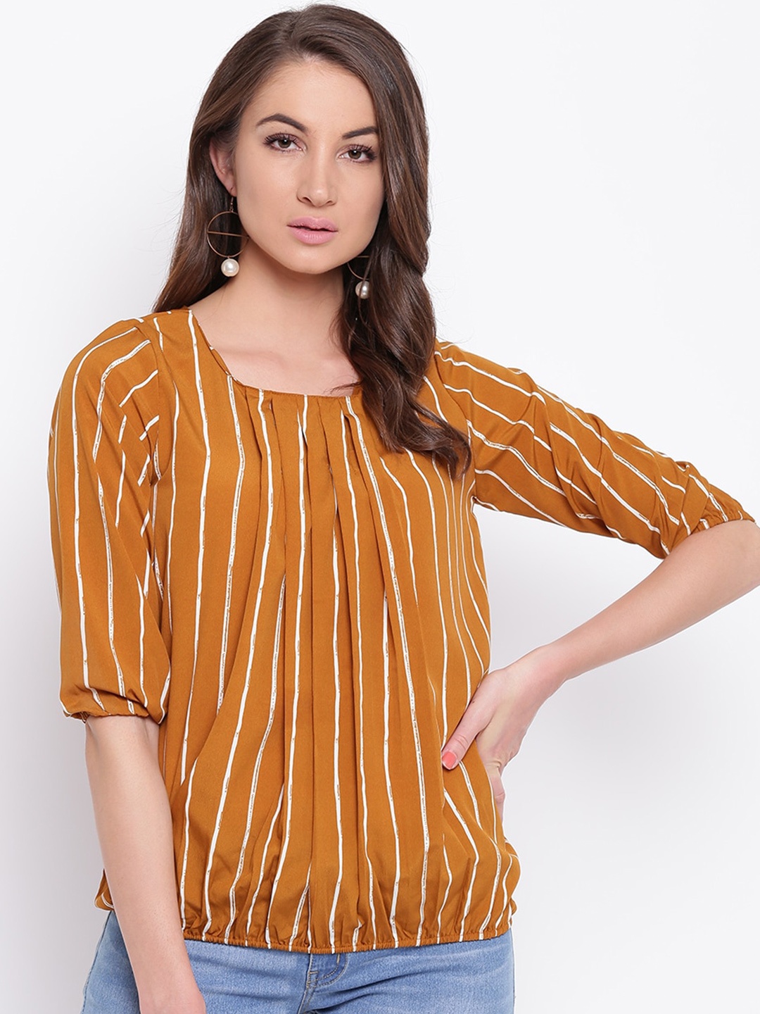 

Mayra Striped Crepe Blouson Top, Yellow