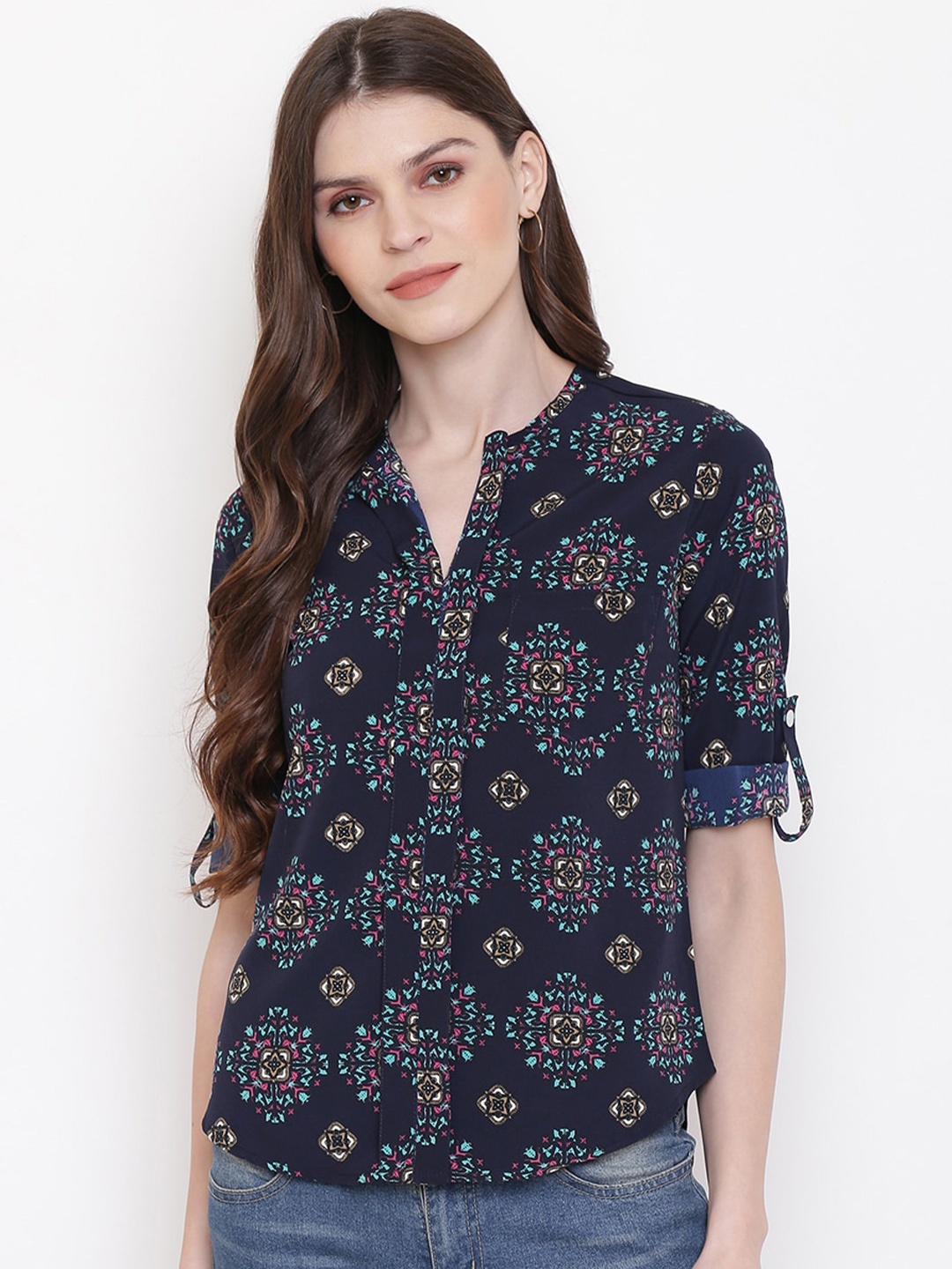 

Mayra Print Mandarin Collar Roll-Up Sleeves Shirt Style Top, Blue