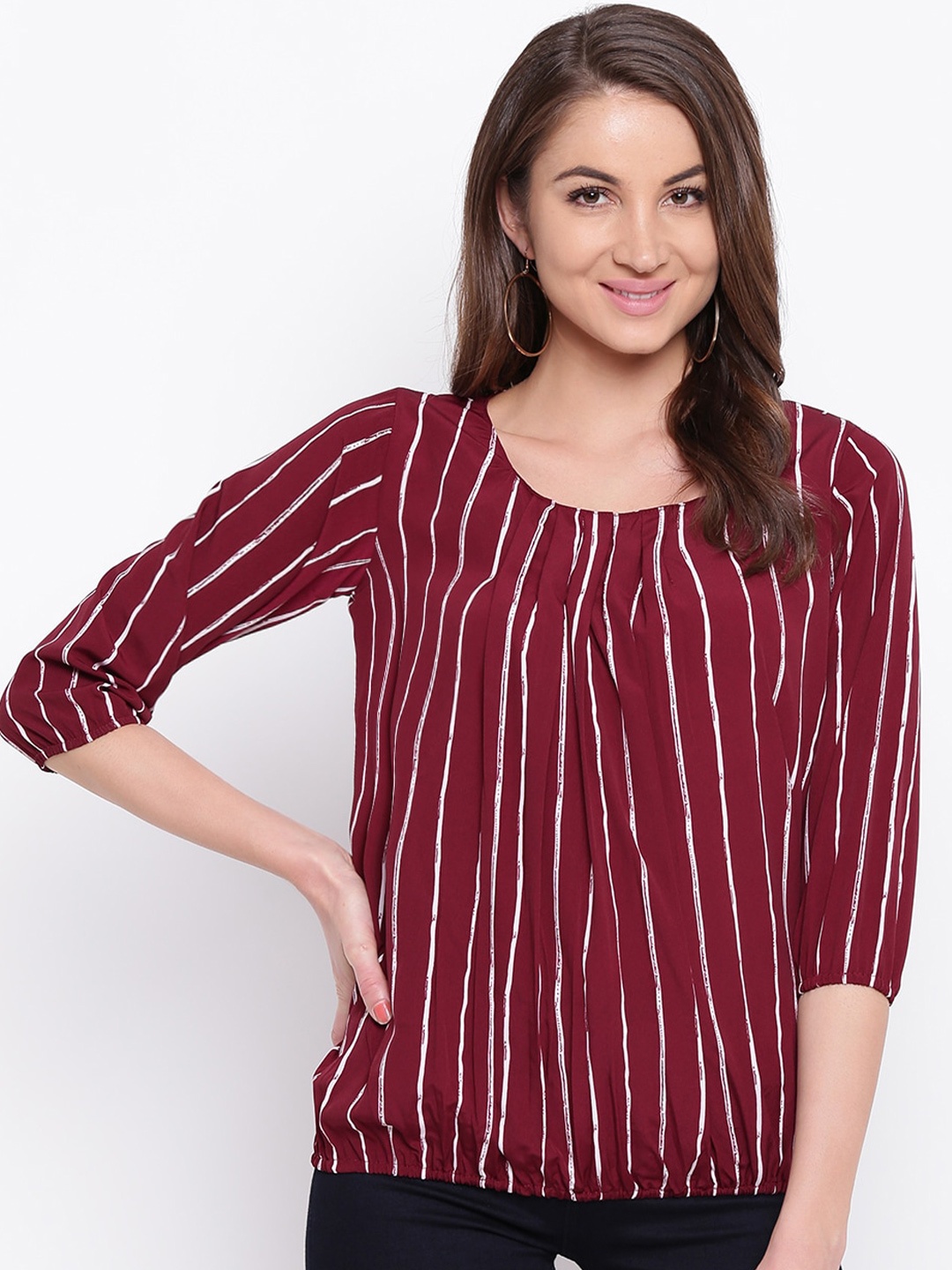 

Mayra Vertical Striped Crepe Blouson Top, Maroon