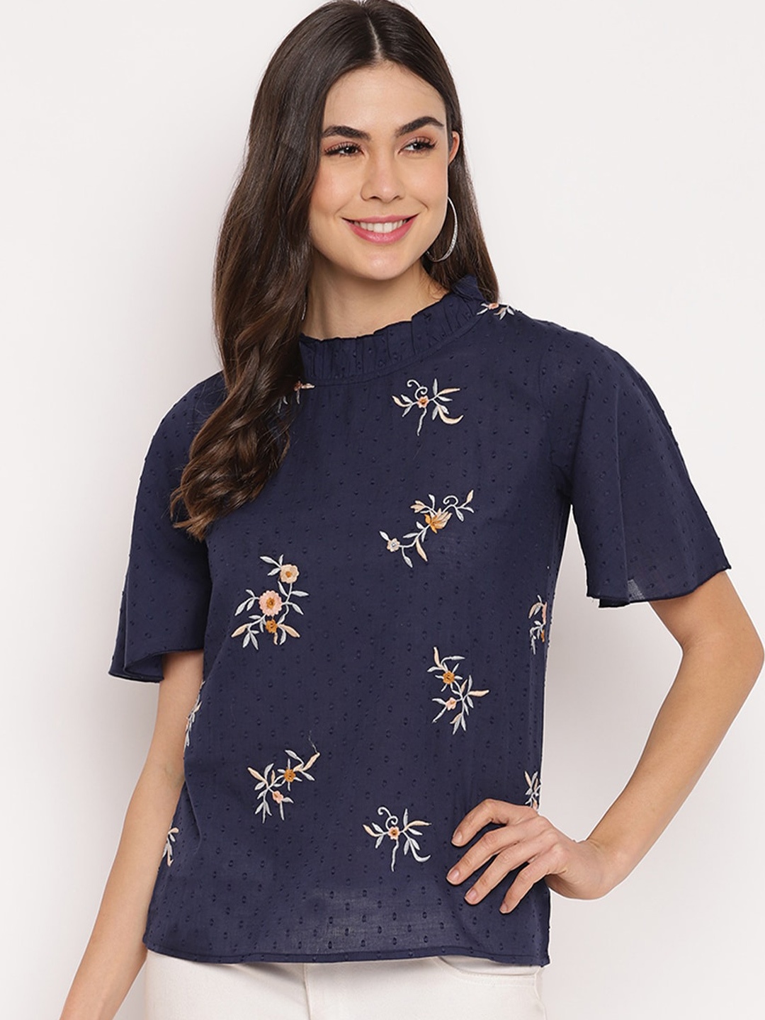 

Mayra Floral Embroidered High Neck Pure Cotton Top, Blue