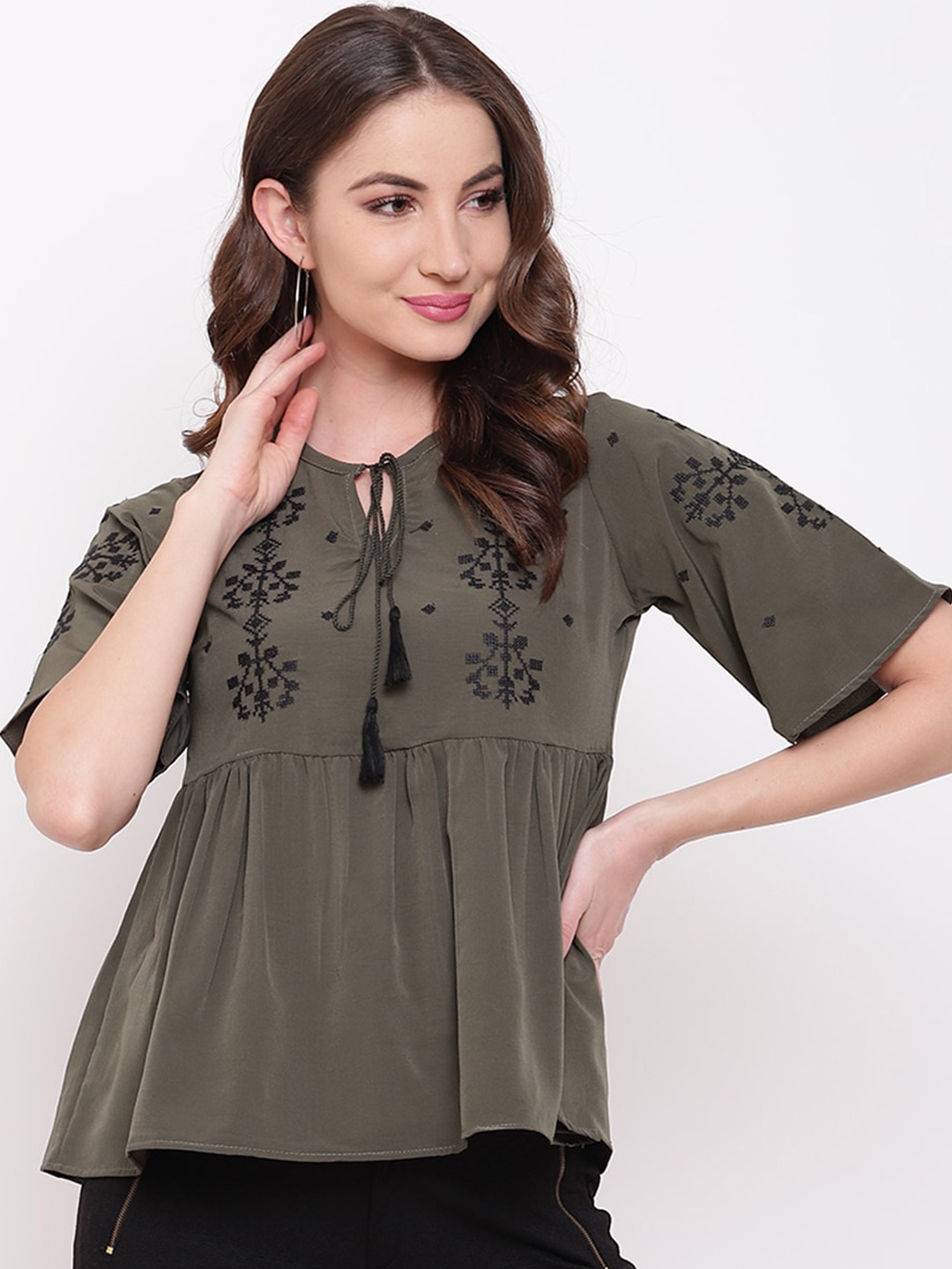 

Mayra Floral EmbroideredTie-Up Neck Crepe Top, Green