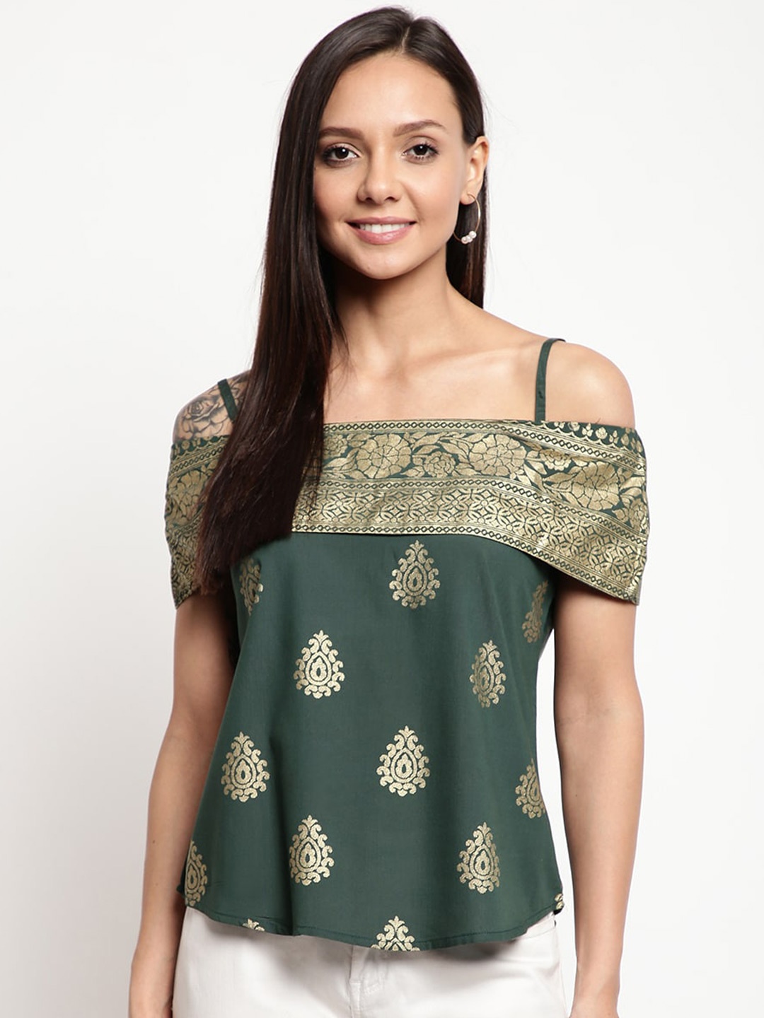 

Mayra Ethnic Printed Shoulder straps Pure Silk Top, Green