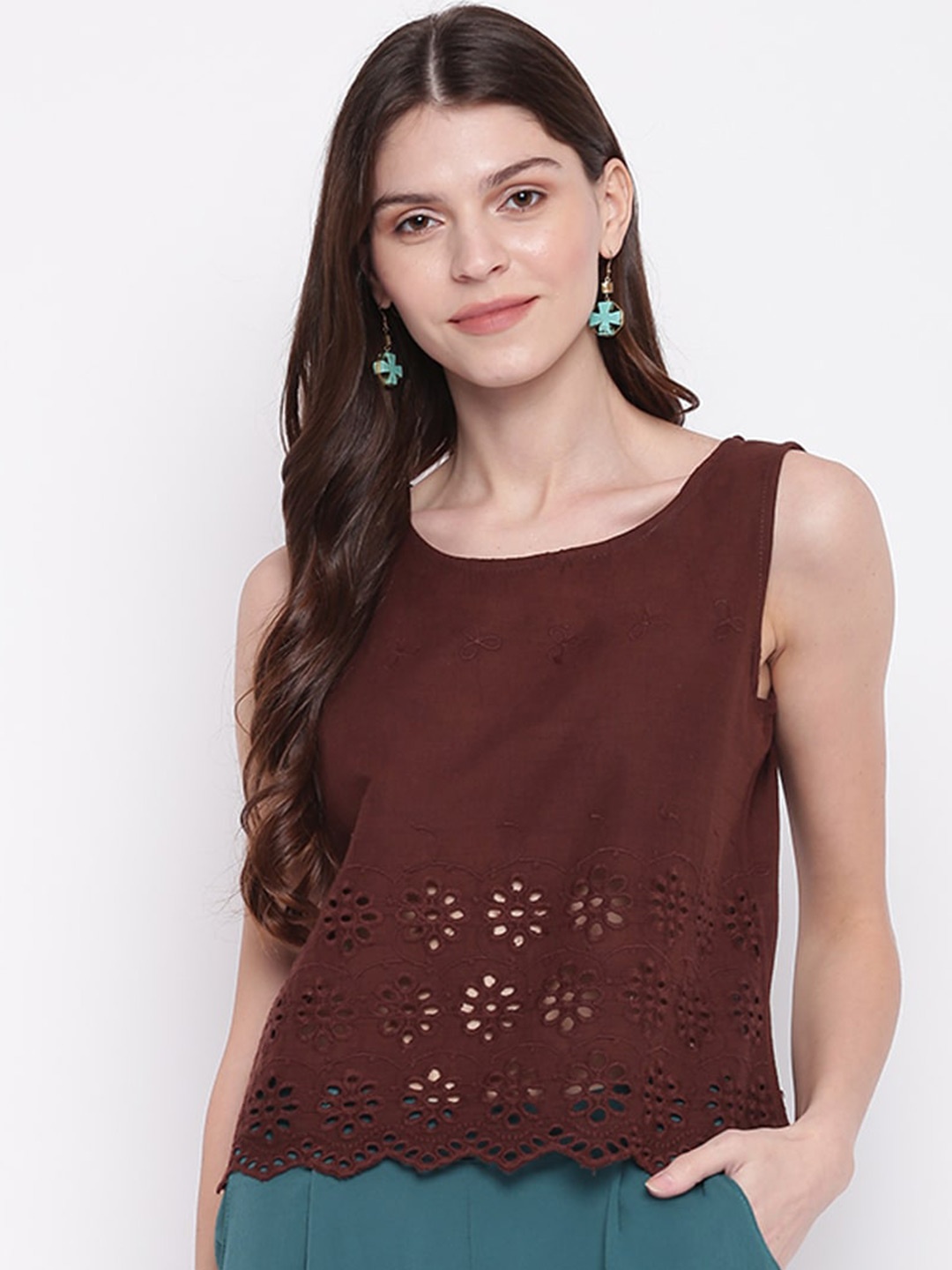 

Mayra Self Design Sleeveless Schiffli Pure Cotton Top, Coffee brown
