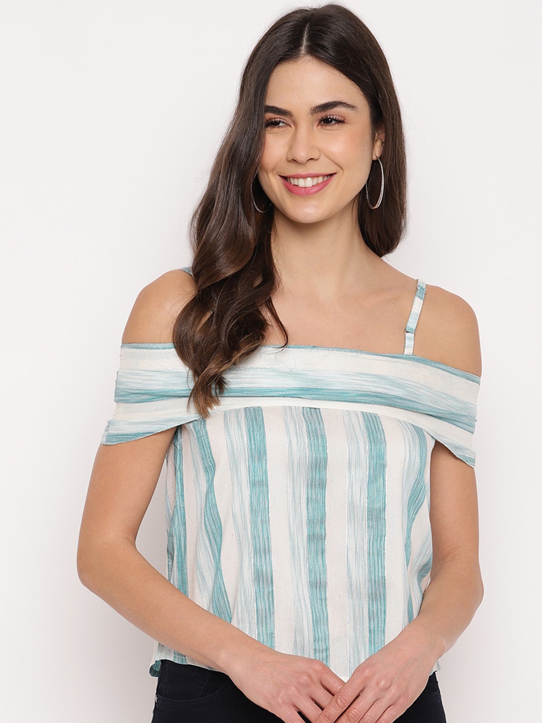 

Mayra Striped Off-Shoulder Bardot Top, Blue