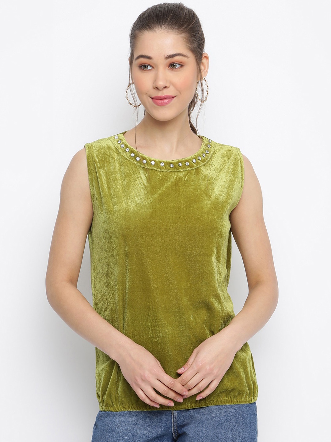 

Mayra Sleeveless Round Neck Velvet Top, Green