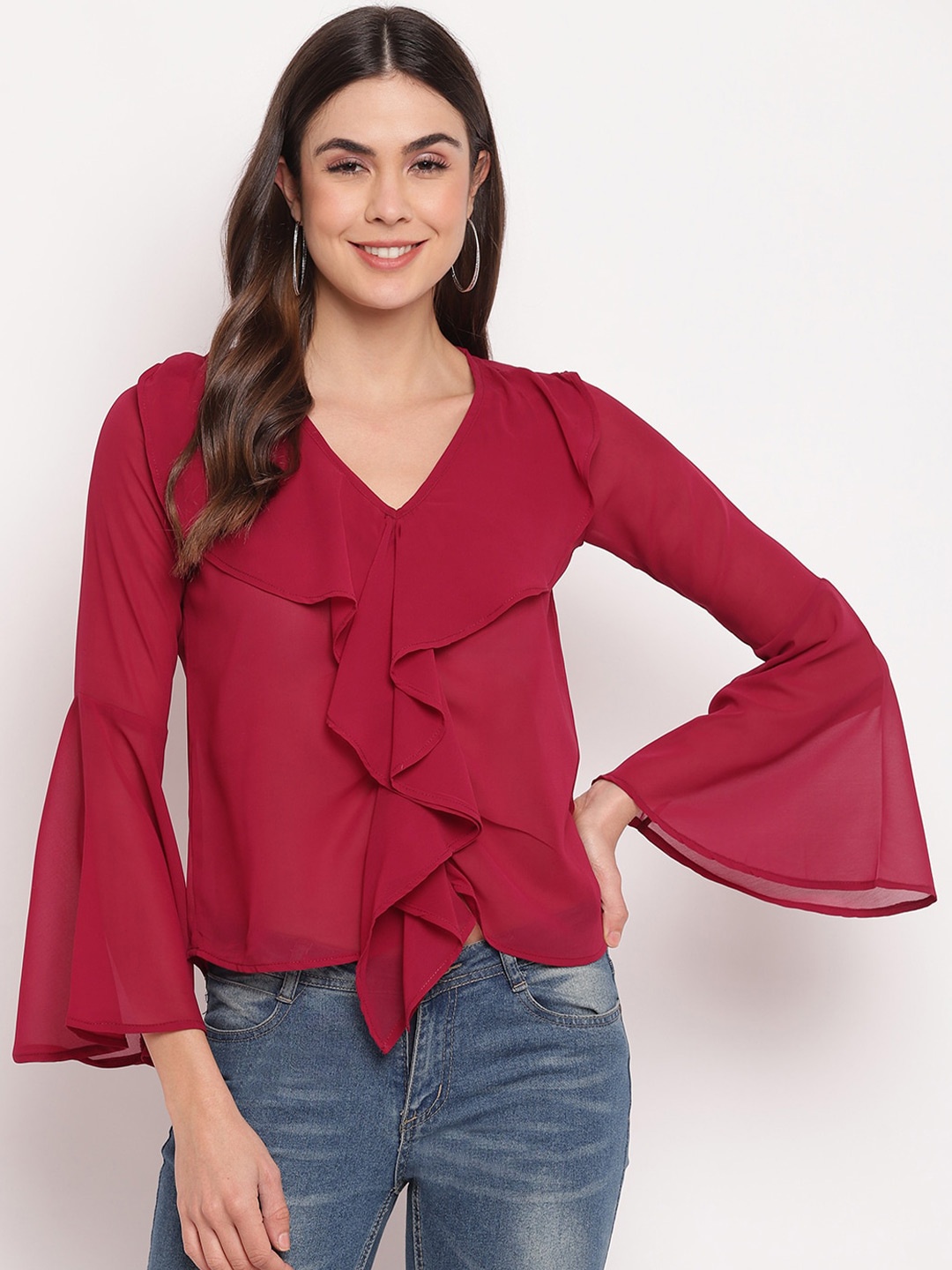 

Mayra V-Neck Bell Sleeves Ruffles Top, Maroon