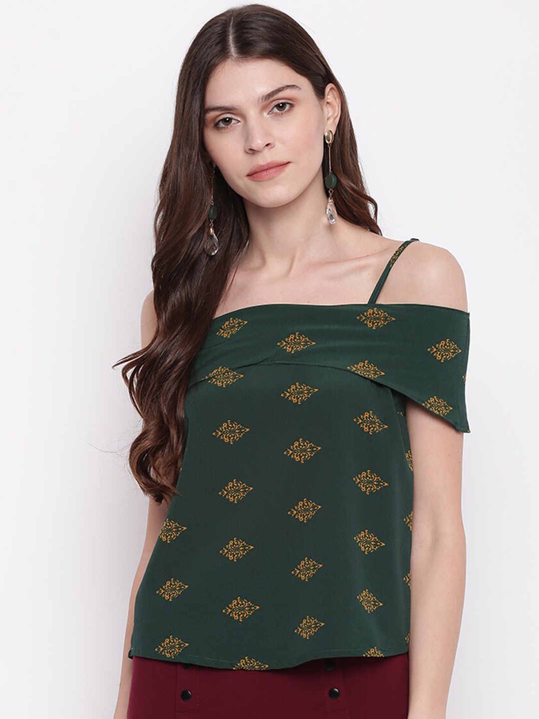 

Mayra Ethnic Motifs Printed Cold-Shoulder Sleeves Bardot Top, Green