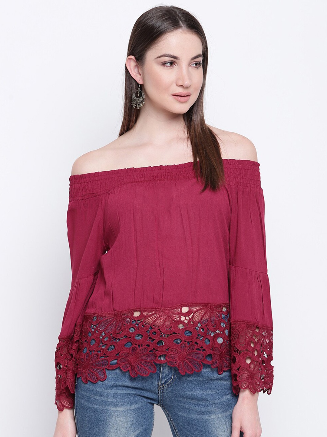 

Mayra Off-Shoulder Lace Inserts Bardot Top, Maroon