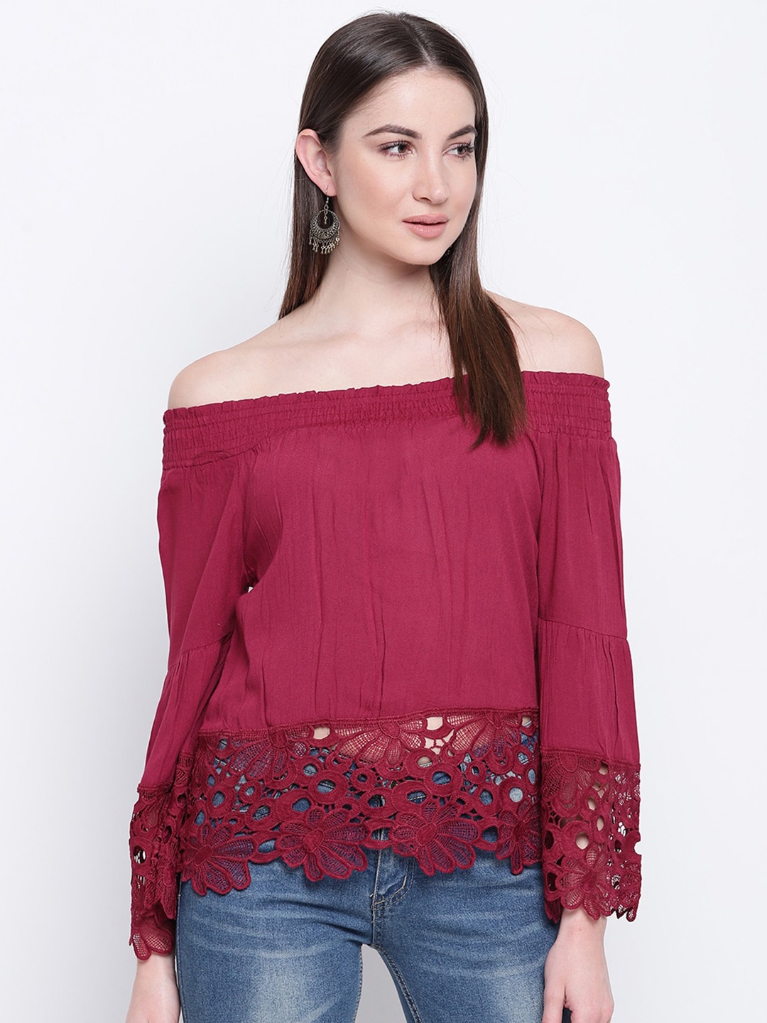 

Mayra Off-Shoulder Lace-Ups Top, Maroon