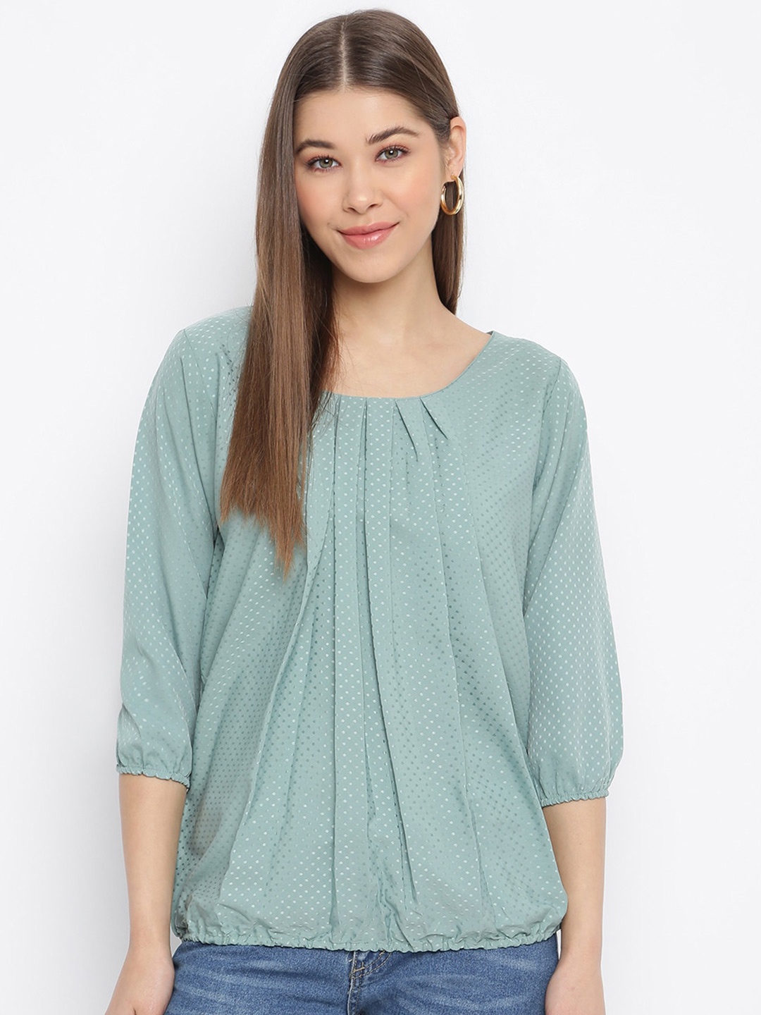 

Mayra Self Design Round Neck Three-Quarter Sleeves Top, Green
