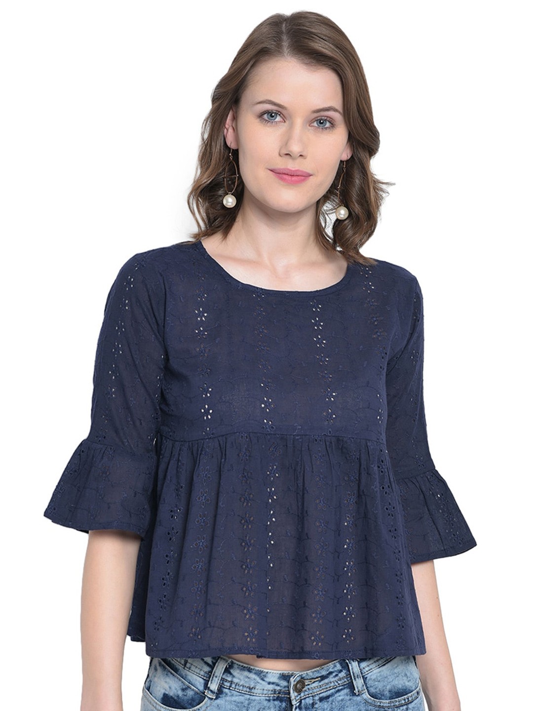 

Mayra Round Neck Bell Sleeves Pure Cotton Schiffli A-Line Top, Navy blue