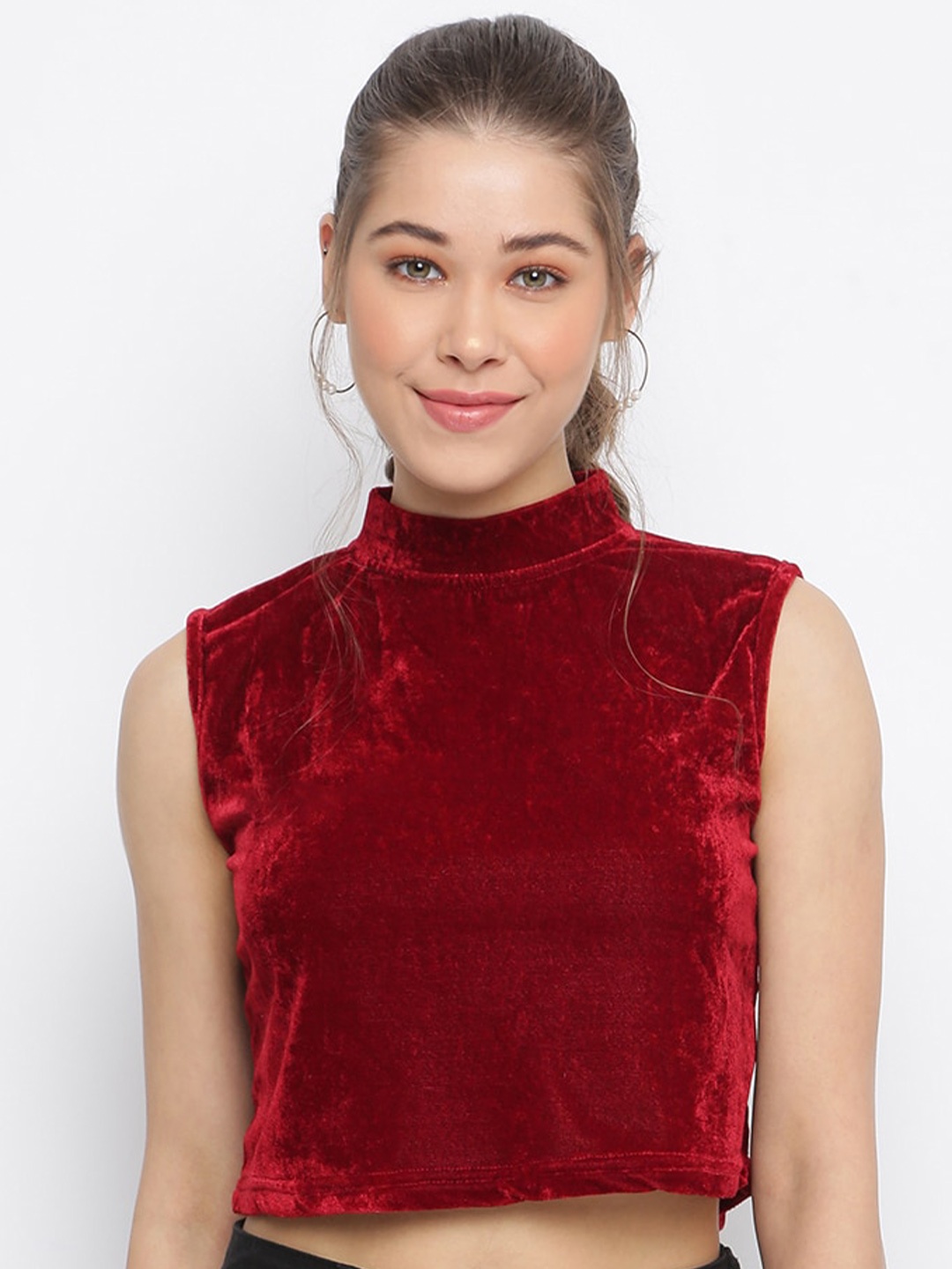 

Mayra High Neck Velvet Crop Top, Maroon