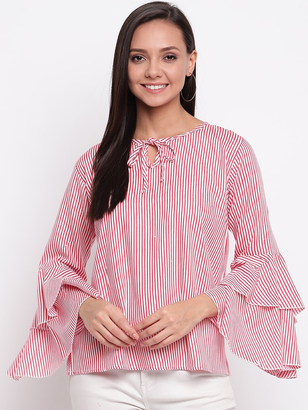 

Mayra Striped Tie-Up Neck Bell Sleeves Top, Red