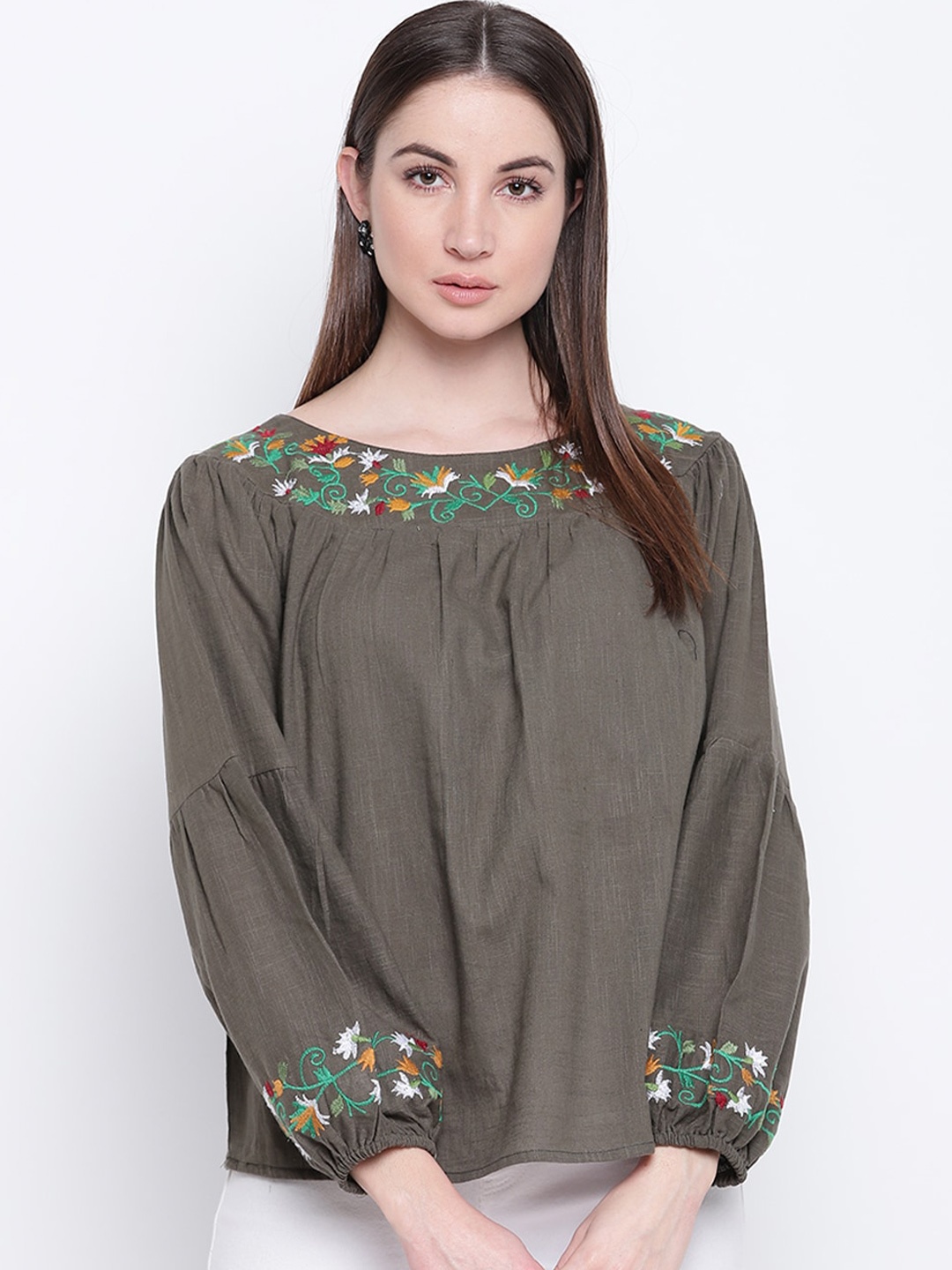 

Mayra Floral Embroidered Puff Sleeves Pure Cotton A-line Top, Olive