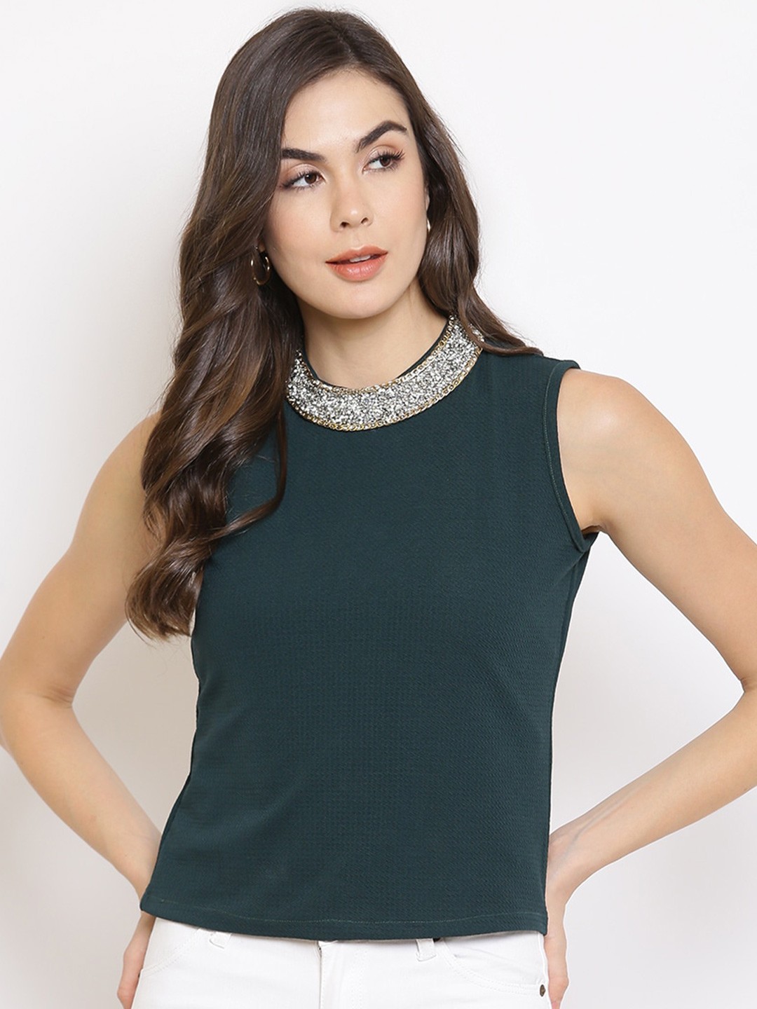 

Mayra Self Design Jewel Neck Sleeveless Top, Green