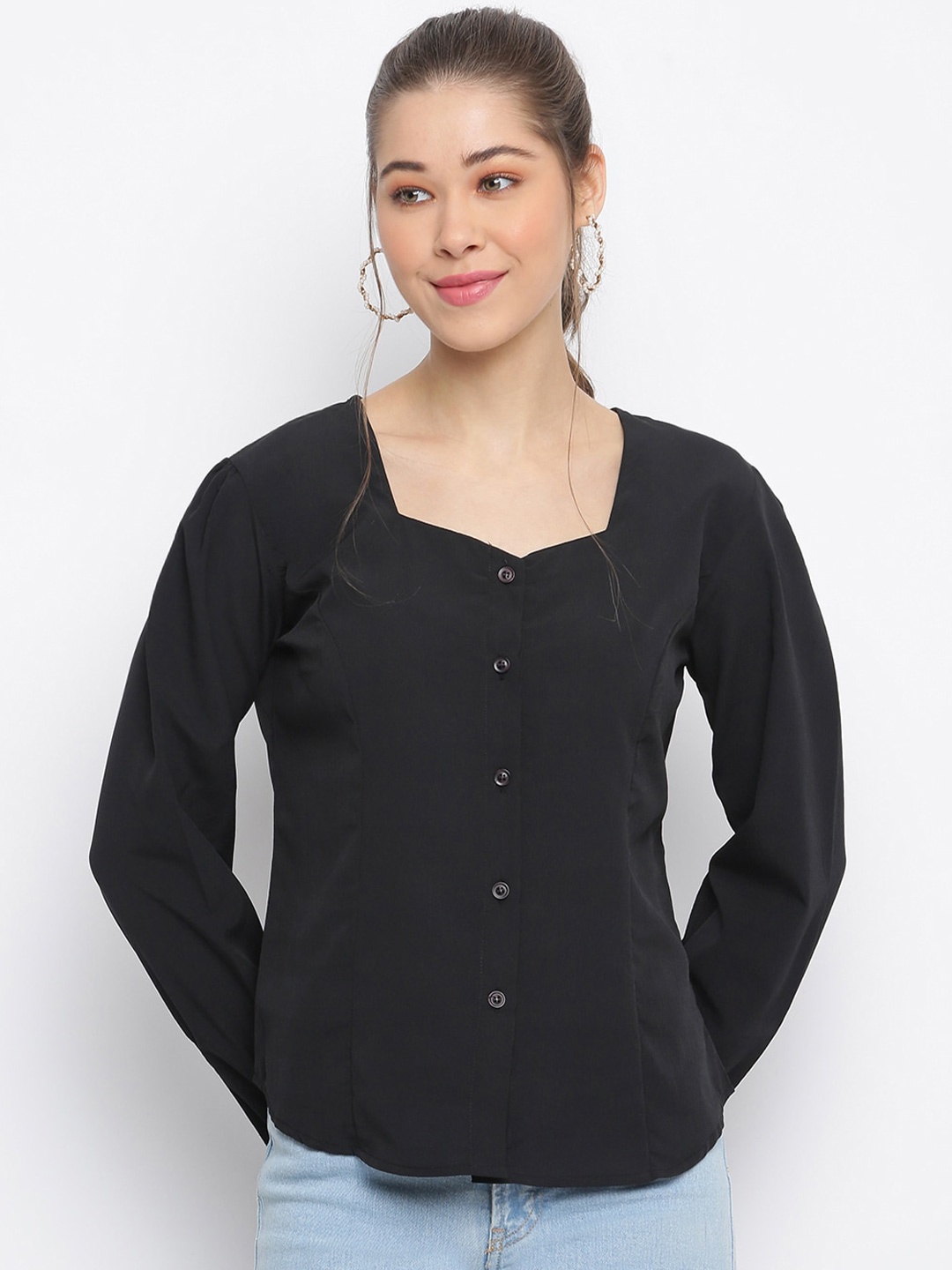 

Mayra Square Neck Cuffed Sleeves Shirt Style Top, Black