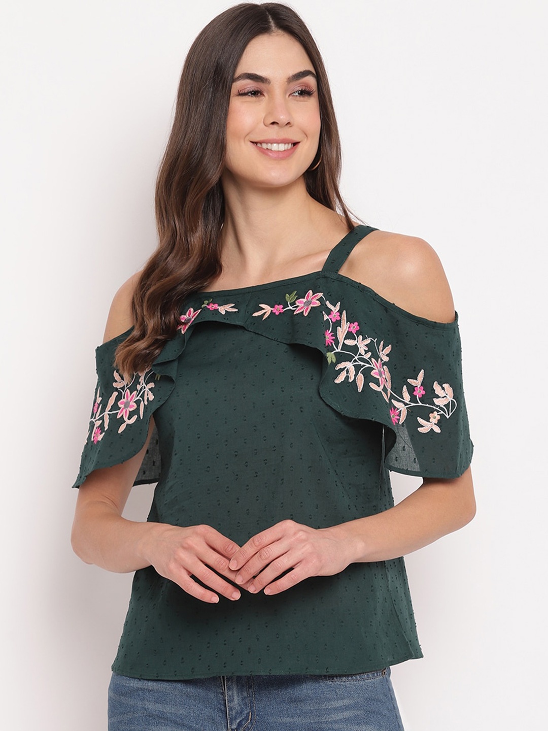 

Mayra Floral Embroidered Pure Cotton Cold-Shoulder Top, Green