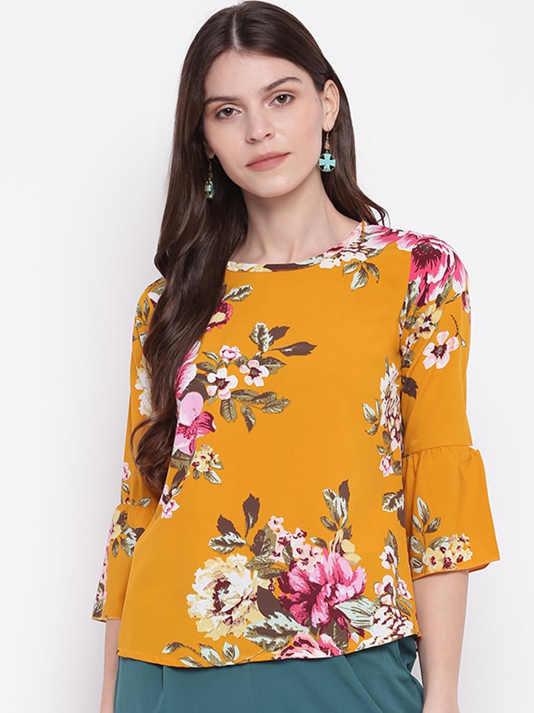 

Mayra Floral Printed Bell Sleeves Top, Mustard