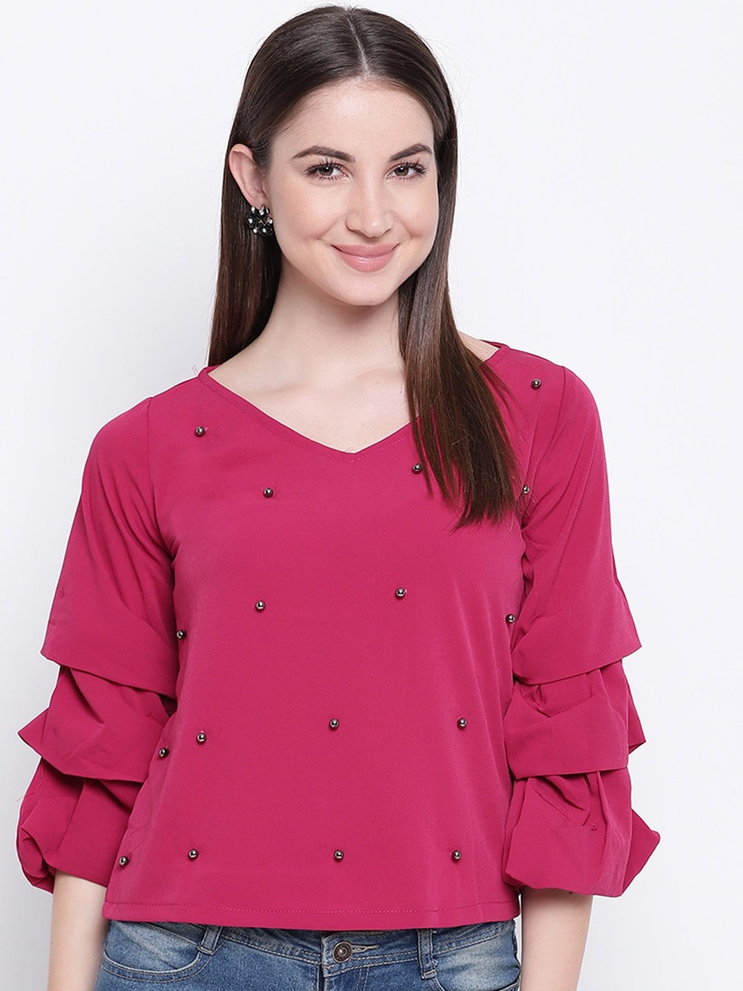 

Mayra Embellished Bell Sleeves Top, Fuchsia