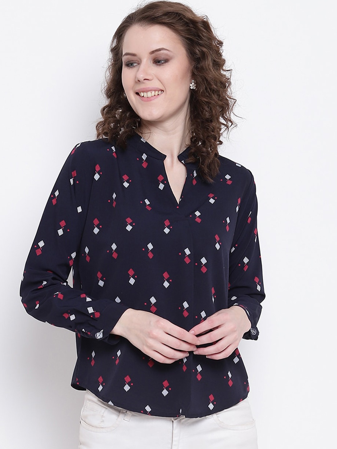 

Mayra Conversational Print Mandarin Collar Top, Navy blue