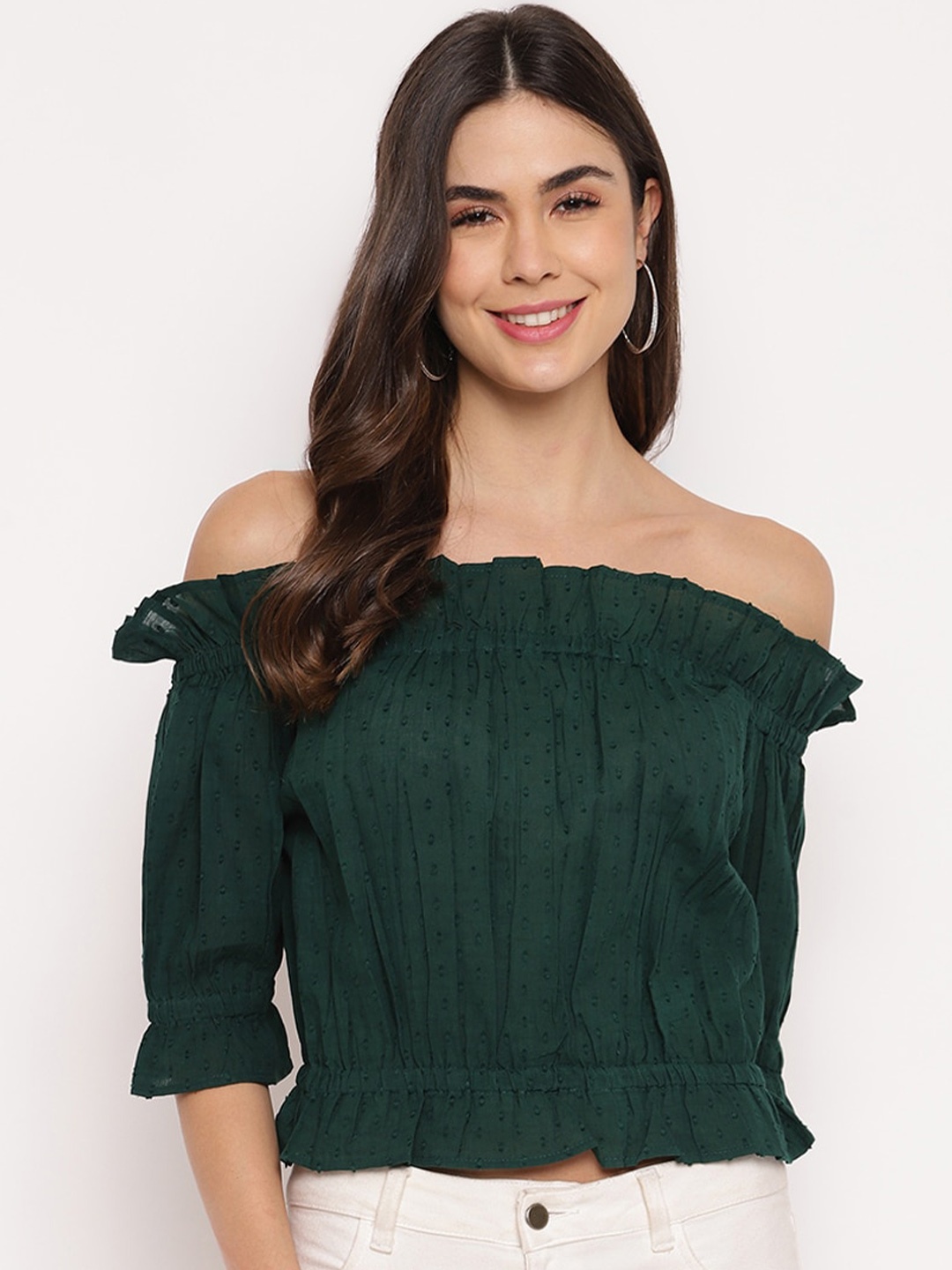 

Mayra Off-Shoulder Pure Cotton Bardot Top, Green