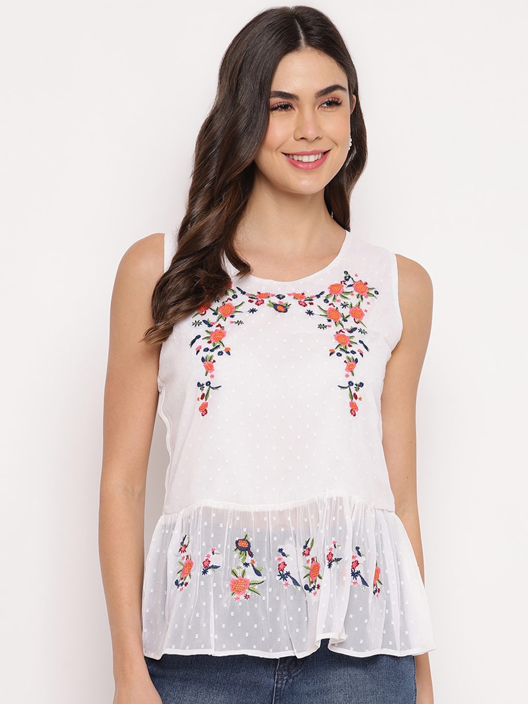 

Mayra Floral Embroidered A-Line Top, White