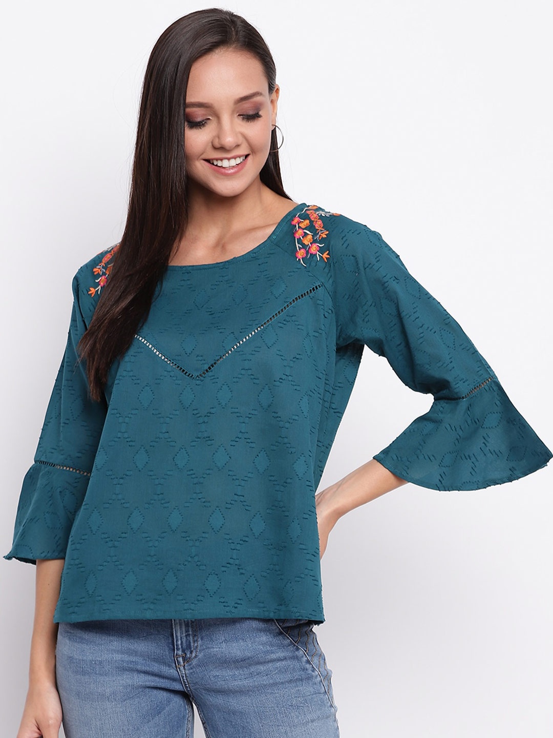 

Mayra Self Design Embroidered Pure Cotton Top, Green