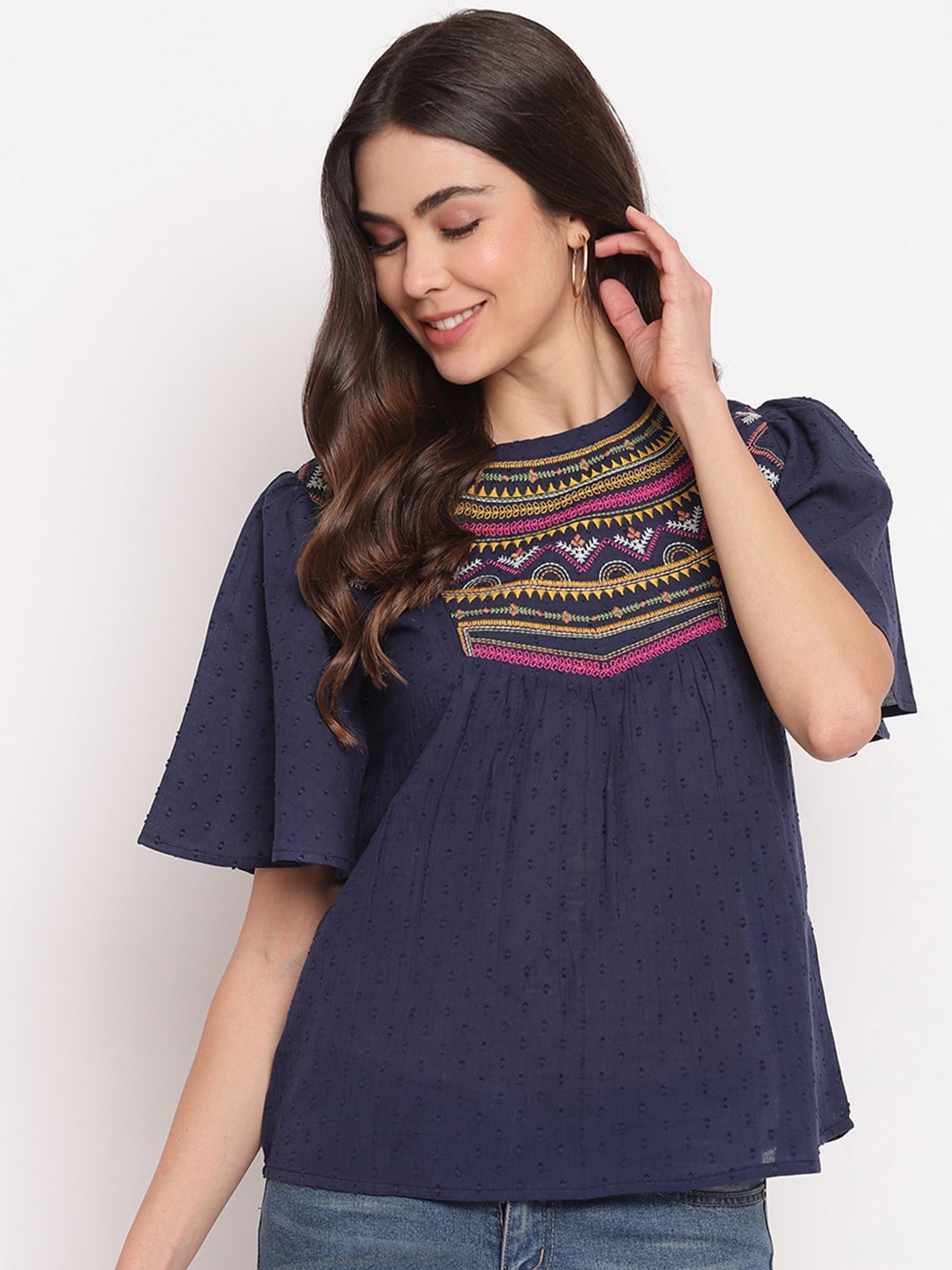 

Mayra Flared Sleeves Geometric Embroidered Pure Cotton Top, Blue