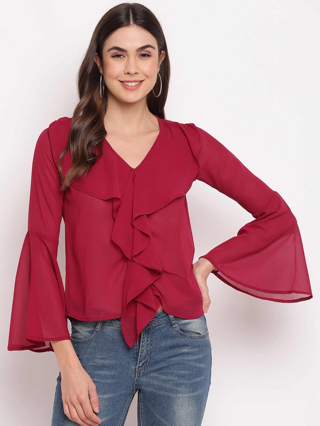 

Mayra V-Neck Bell Sleeves Ruffles Top, Maroon