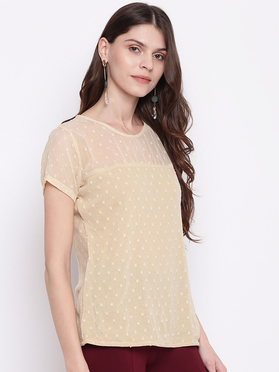 

Mayra Geometric Self Design Round Neck Top, Beige
