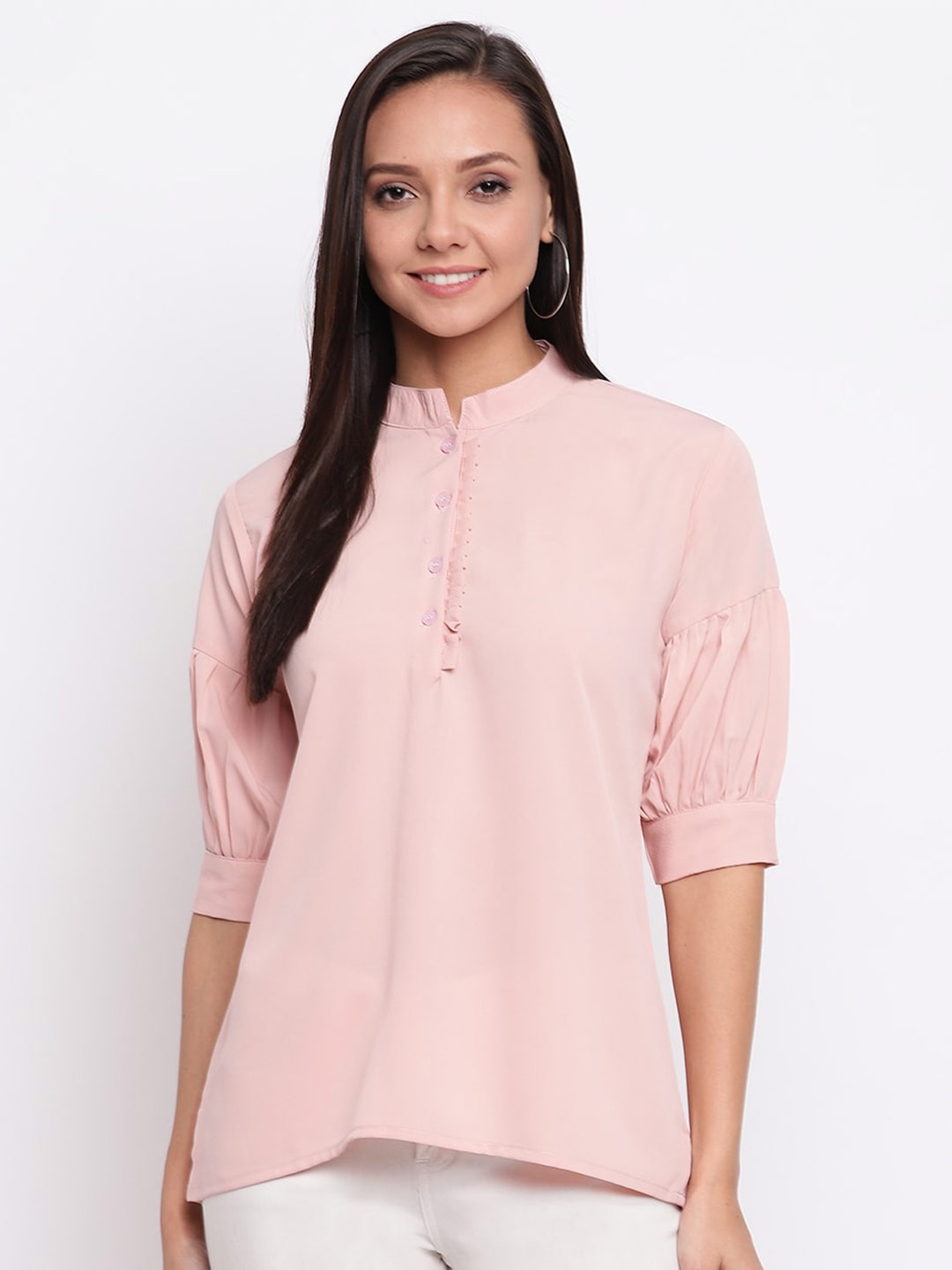 

Mayra Mandarin Collar Cuffed Sleeves Shirt Style Top, Pink