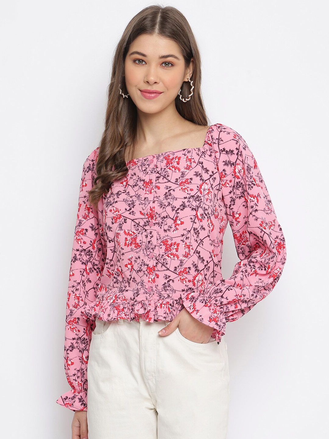 

Mayra Square Neck Puff Sleeves Floral Print Crepe Top, Pink