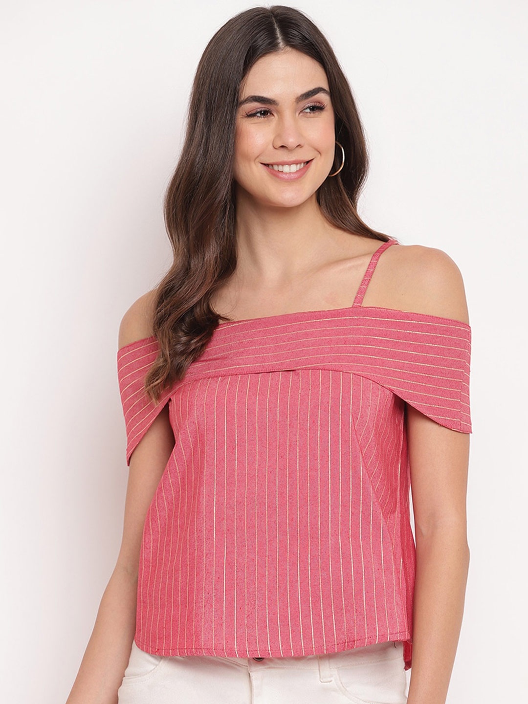 

Mayra Shoulder Strap Striped Bardot Top, Pink