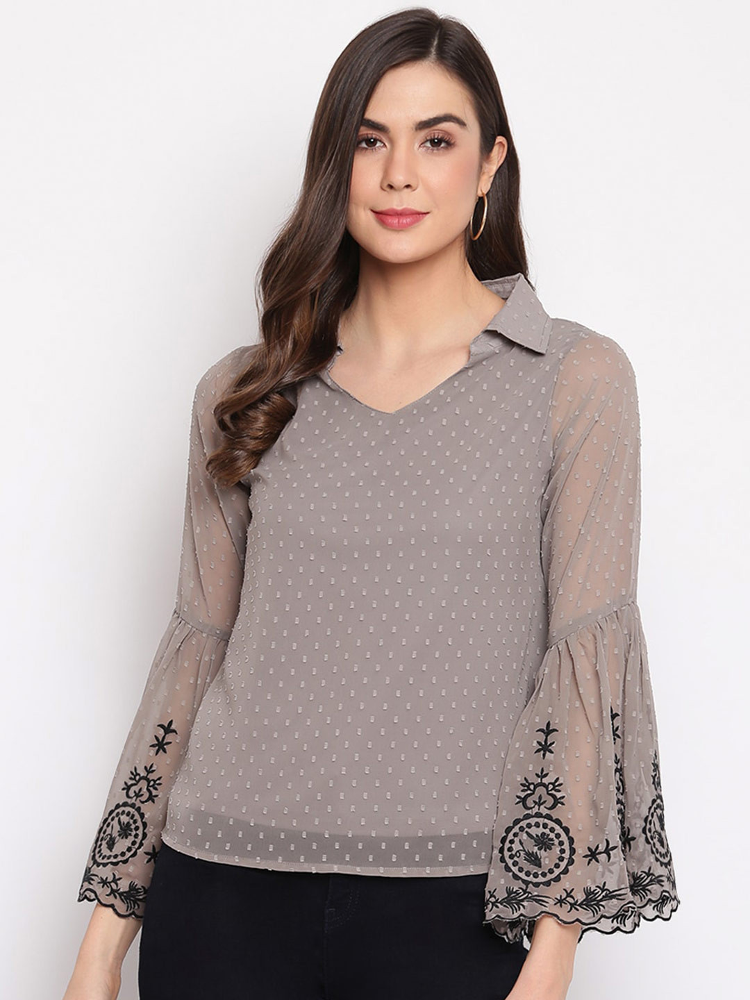 

Mayra Self Design Shirt Collar Bell Sleeves Georgette Top, Grey