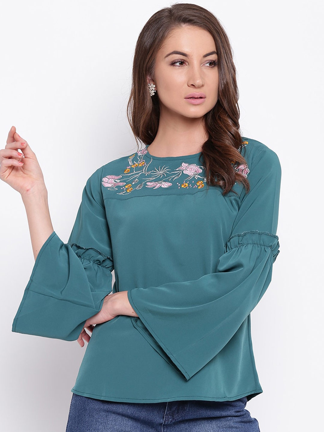 

Mayra Bell Sleeves Floral Embroidered Top, Turquoise blue