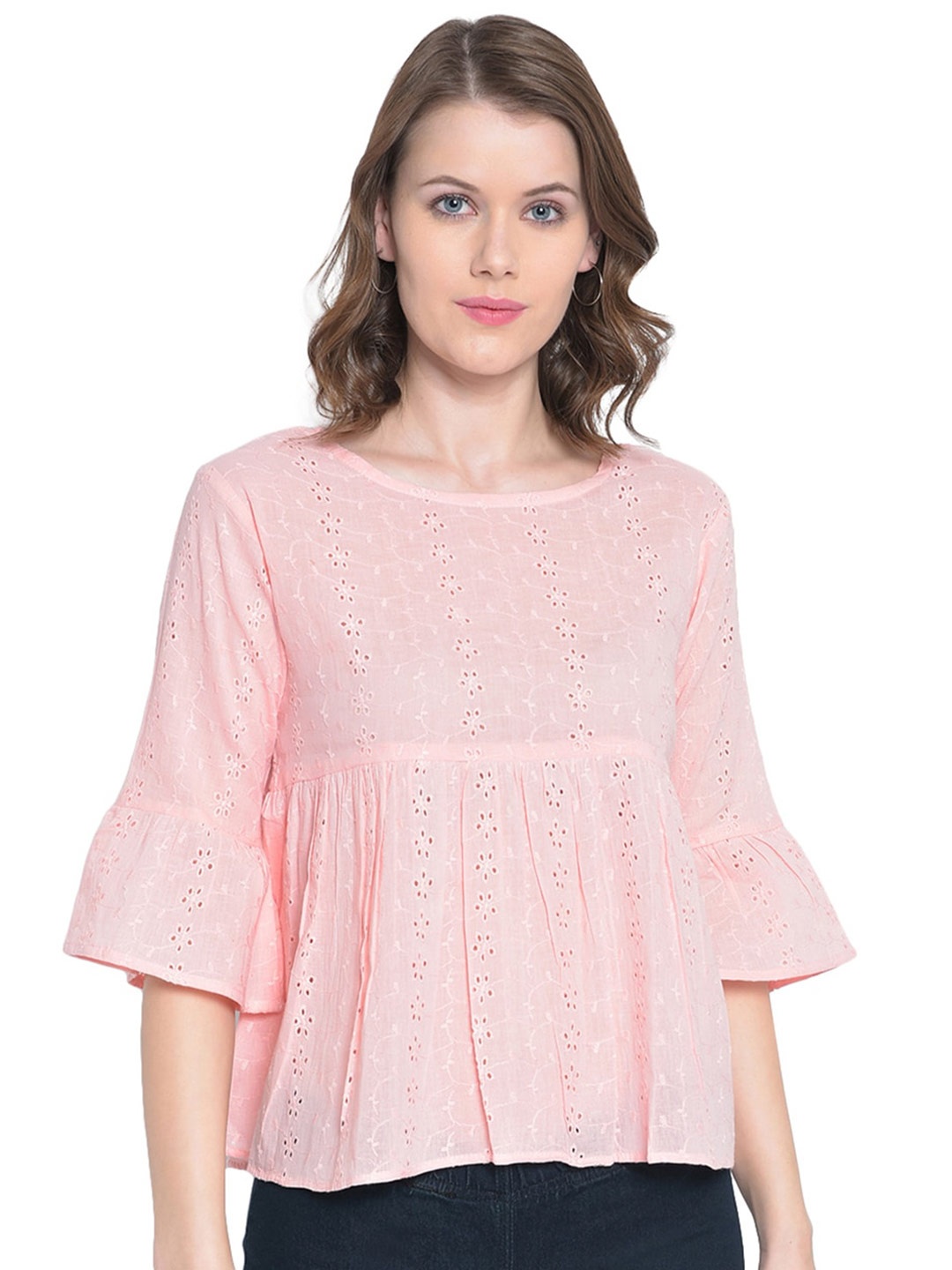 

Mayra Self Design Bell Sleeves Pure Cotton A-Line Top, White