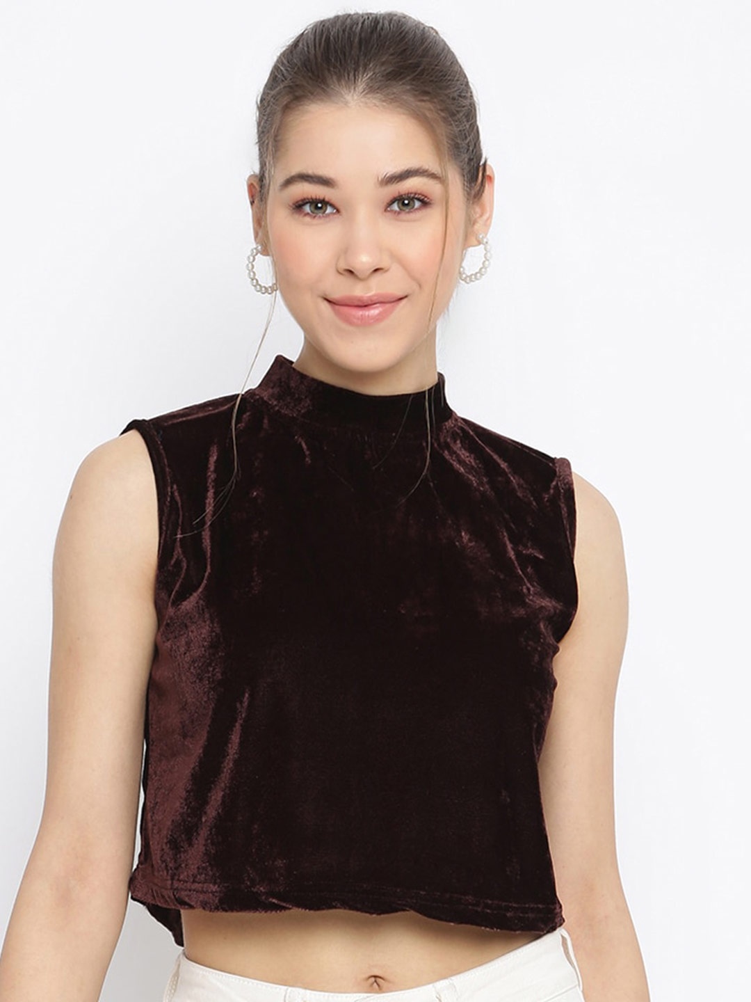 

Mayra High Neck Sleeveless Velvet Crop Top, Brown