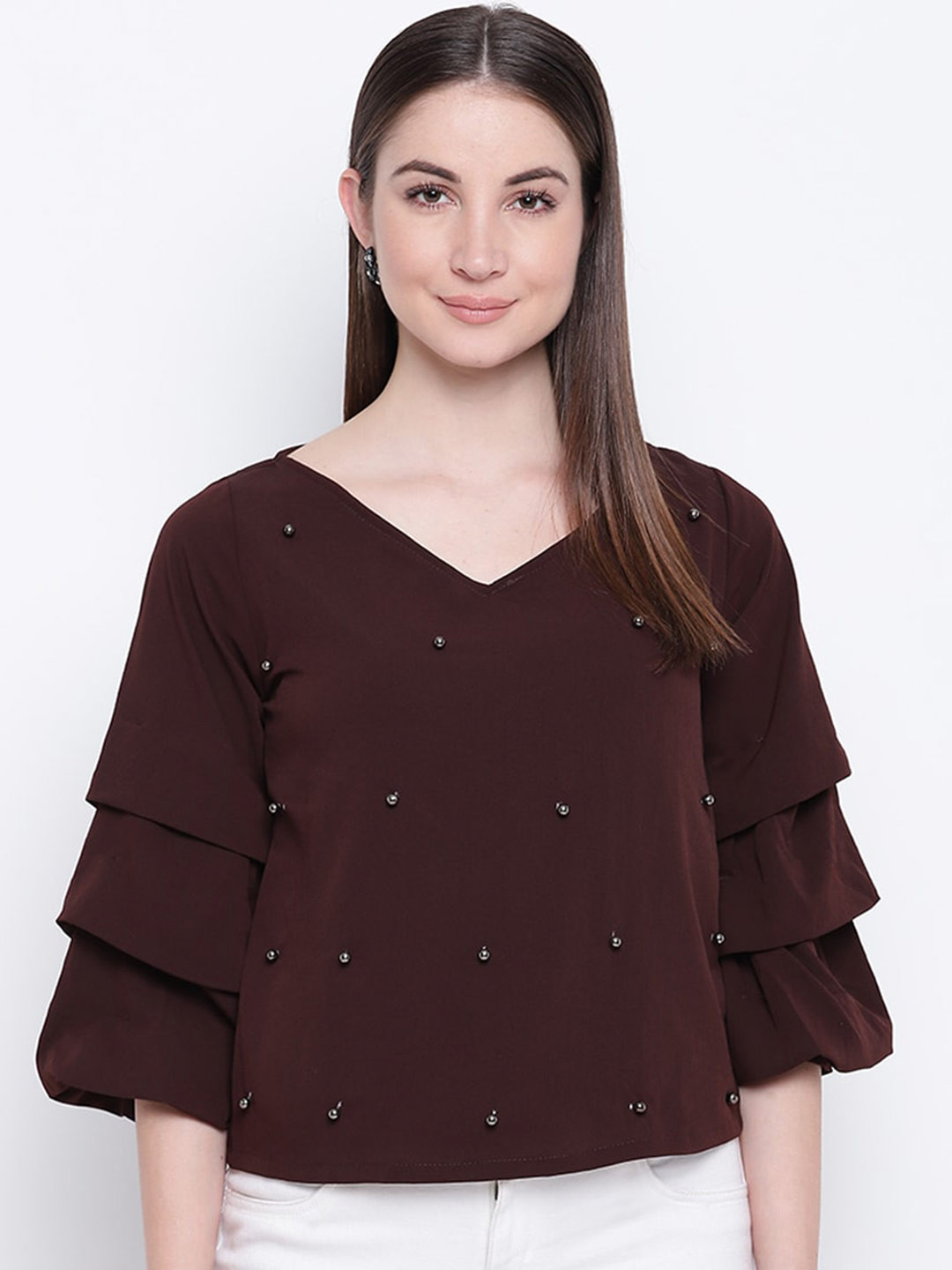 

Mayra Embellished V-Neck Puff Sleeves Top, Coffee brown