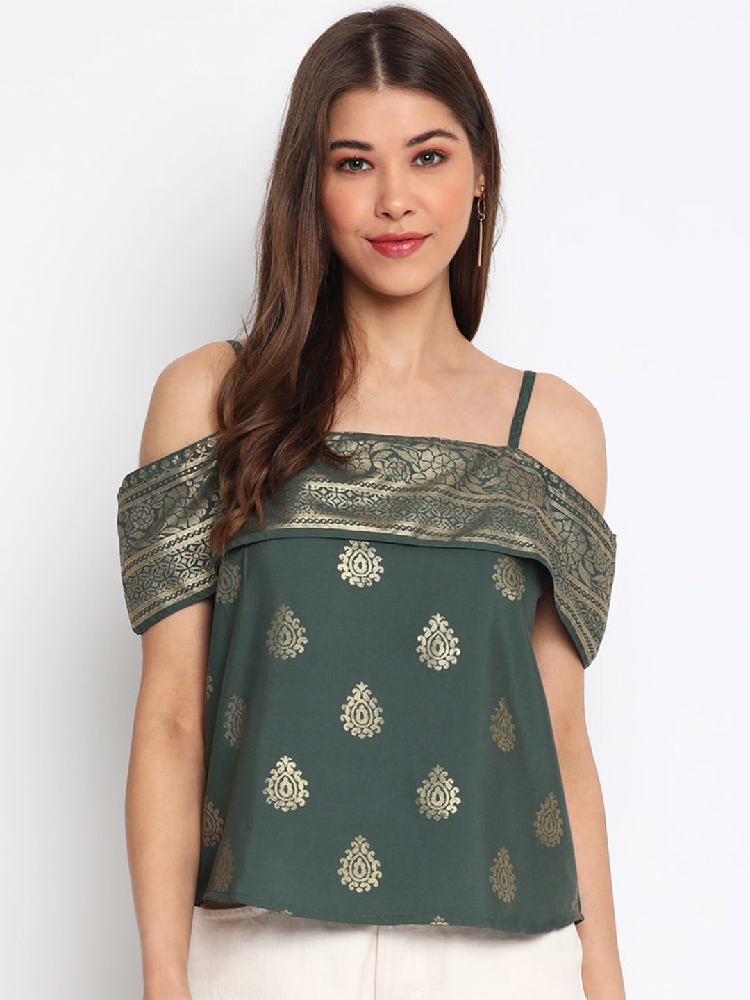 

Mayra Ethnic Motifs Printed Crepe Off-shoulder Top, Green