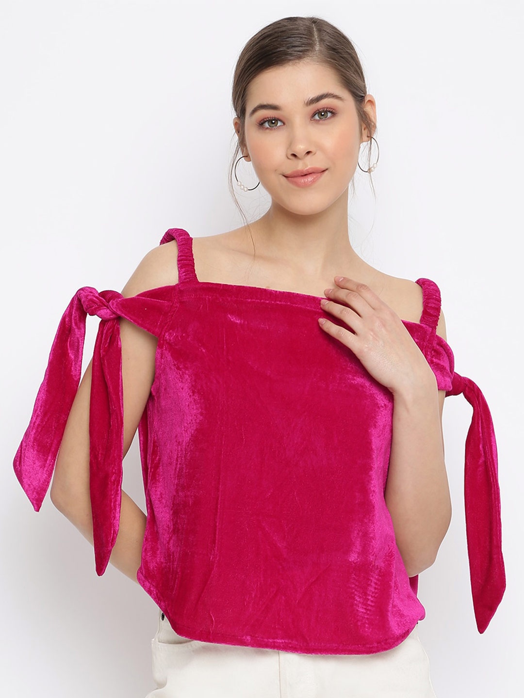 

Mayra Shoulder Straps Tie-Up Velvet Top, Fuchsia