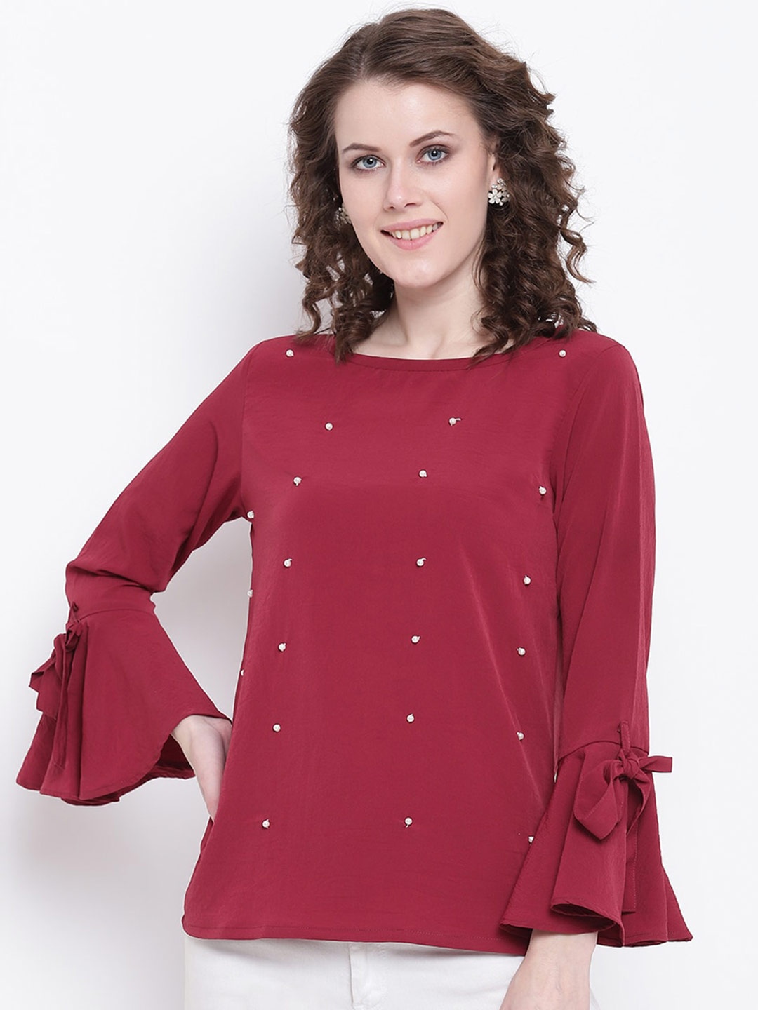 

Mayra Round Neck Bell Sleeves Embellished Top, Maroon