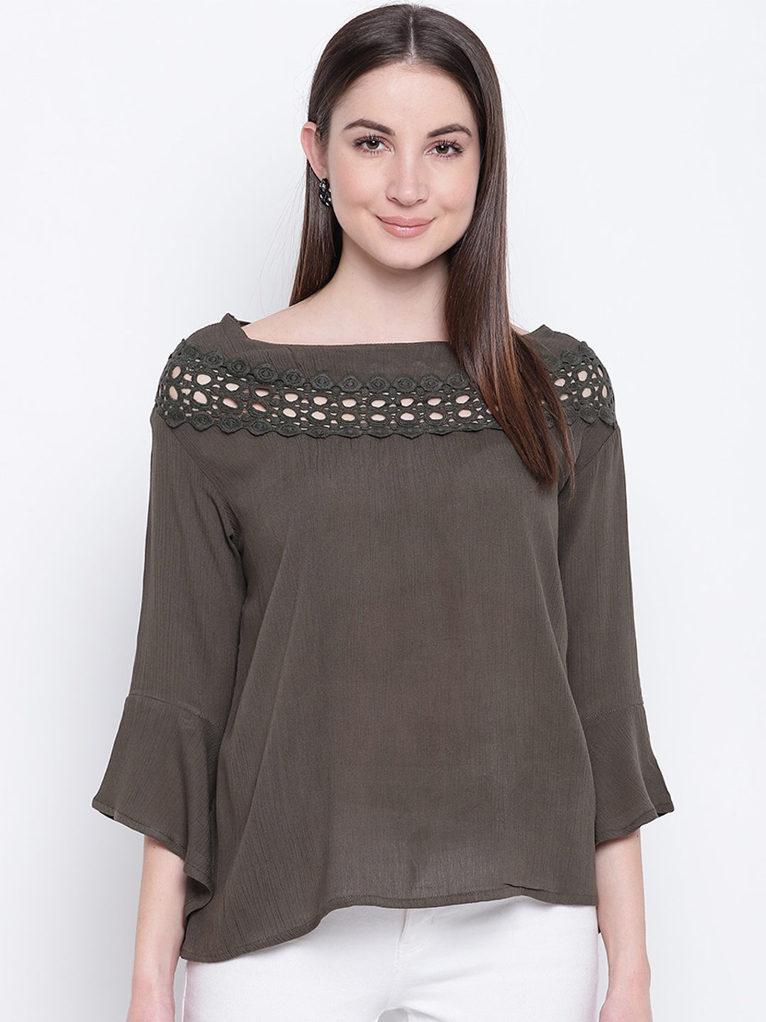 

Mayra Boat Neck Cut Work Top, Olive