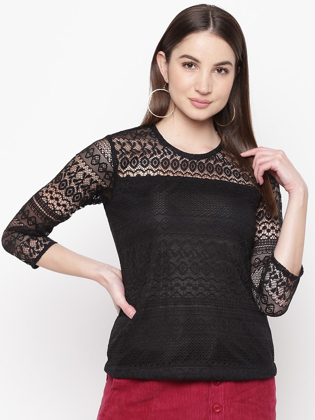 

Mayra Round Neck Self Design Top, Black