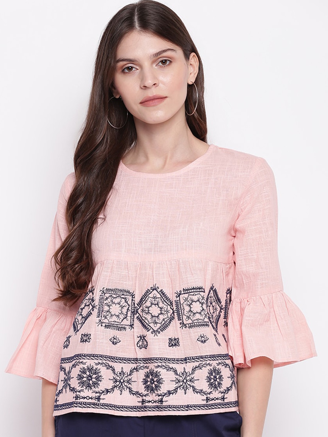 

Mayra Bell Sleeves Ethnic Motifs Print Pure Cotton Top, Pink