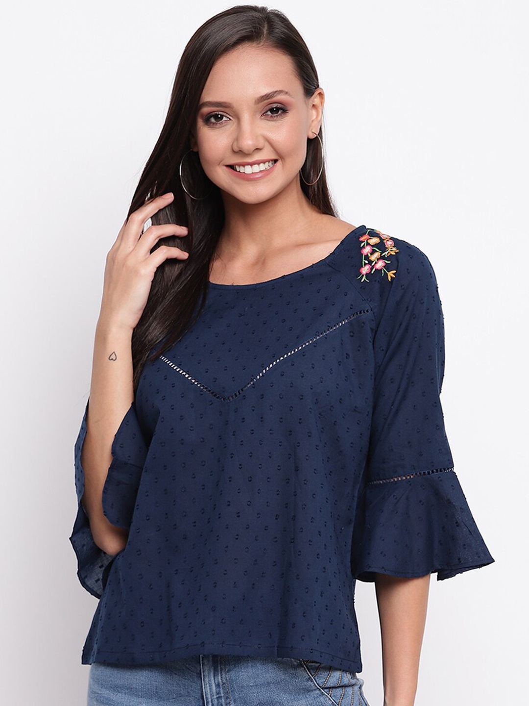 

Mayra Floral Embroideried Bell Sleeves Pure Cotton A-Line Top, Navy blue