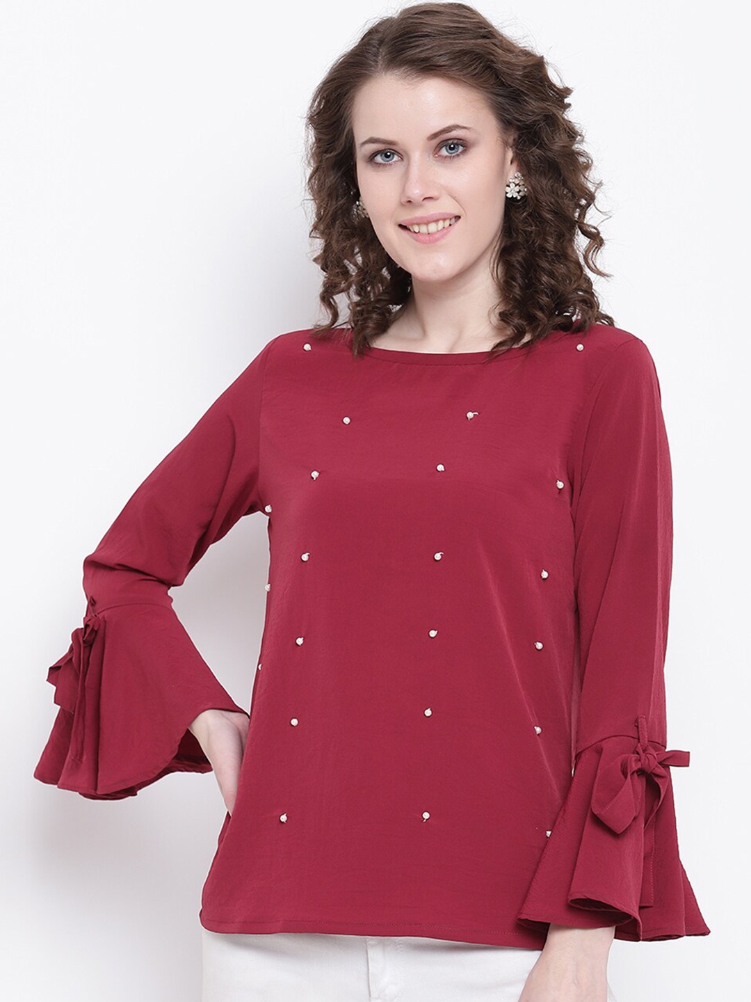 

Mayra Bell Sleeves Bead Embellished Top, Maroon