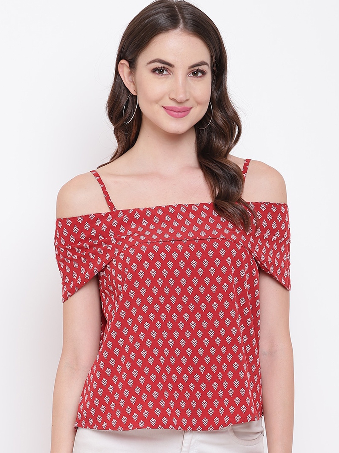 

Mayra Shoulder Strap Floral Print Bardot Top, Red