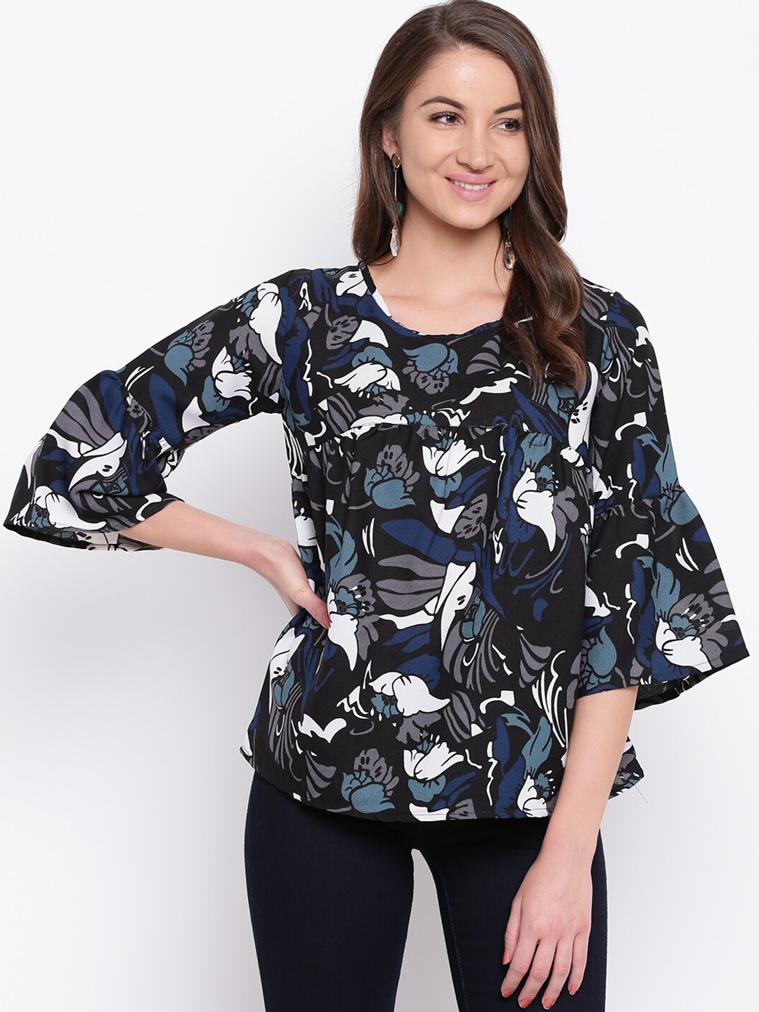 

Mayra Bell Sleeves Floral Print A-Line Top, Black